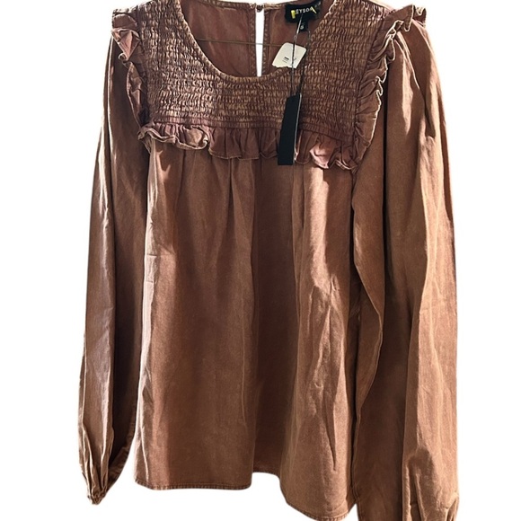 Heyson Brown Smocked Puff Sleeve Blouse with Bib Collar size small - Picture 4 of 4